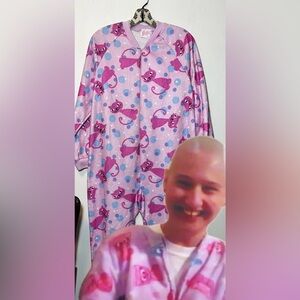 WARMA Pink Blue Cat Print Zip Up Adult Size Onesie Pj Pajama